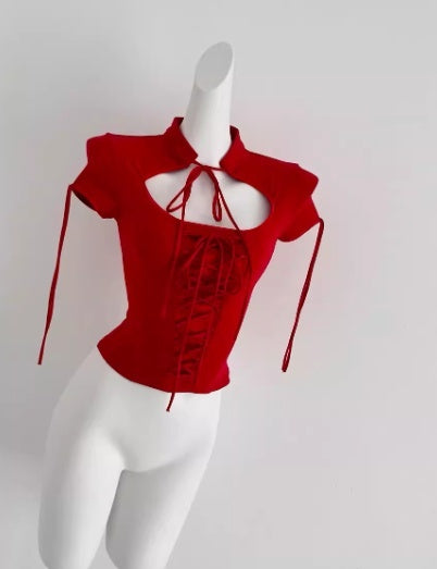 Red Flirty Bandage Bodycon Crop Top For Women Summer Short-Sleeve T-Shirt