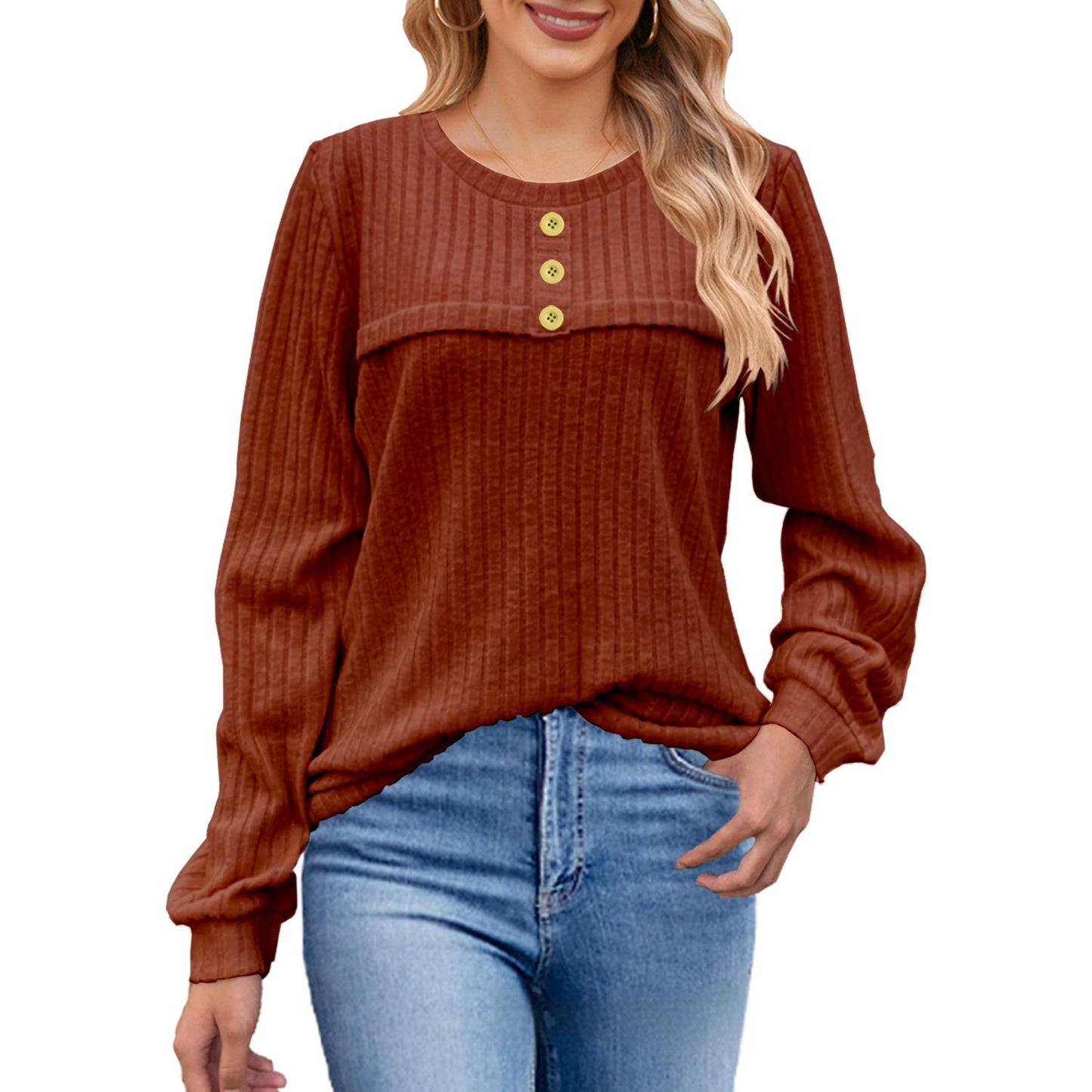European And American Autumn And Winter Brushed Sunken Stripe Button Long-sleeved T-shirt Casual