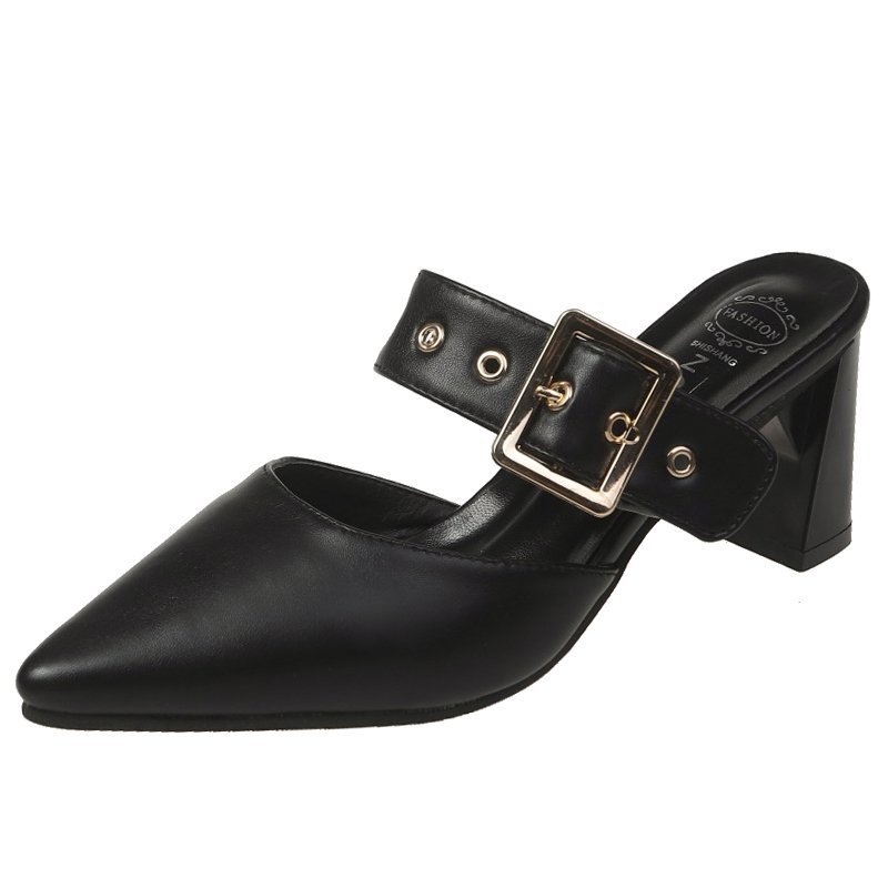 New Fashion Belt Buckle Pointed Thick Heel Mid Heel Muller Sandals And Slippers