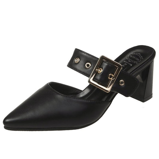 New Fashion Belt Buckle Pointed Thick Heel Mid Heel Muller Sandals And Slippers