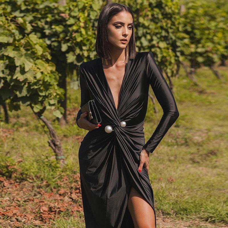 New Stylish V-neck Long-sleeve Split Dress