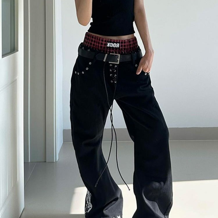 Retro Drawstring Babe Color-blocking Double Waistband Patchwork Print Curved Pants