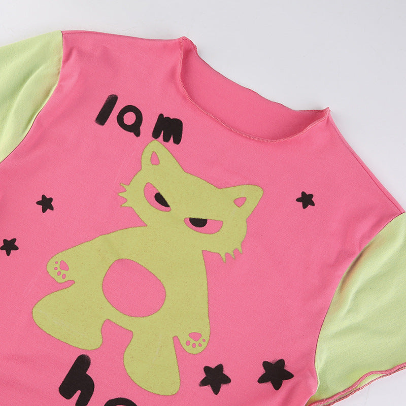 Hot Girl Fashion Umbilical Cord Street Style Tide Cat Print Color Collision T-shirt