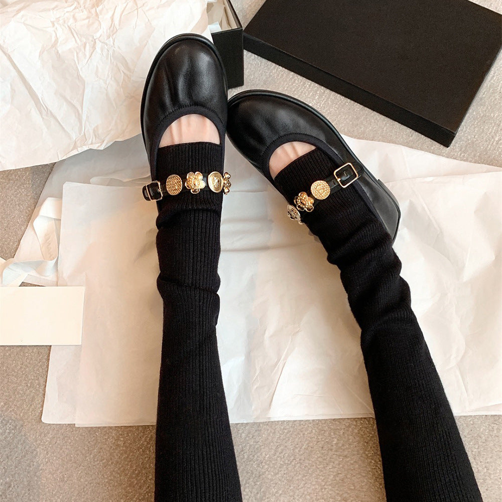 Classic Style Badge Buckle Ballet Shoes Women's Shoes Flat Genuine Leather Mary Jane Shoes