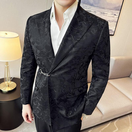 Vintage Pattern Men's Casual Suit Metal Hook Placket Closure Collar Leather Texture Suit