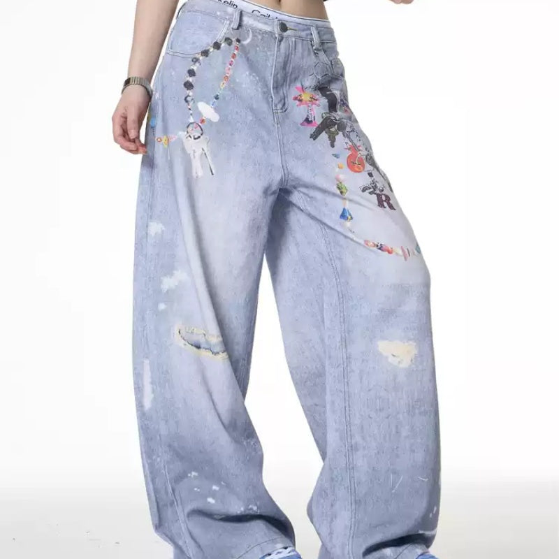 Distressed Dirty Dyed Jeans Women's Summer Design Sense Niche Loose Wide Leg