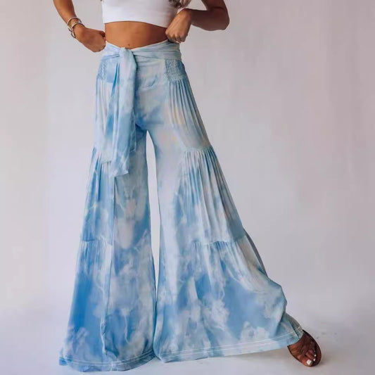 Printed Waist-controlled Lace-up Straight Pants