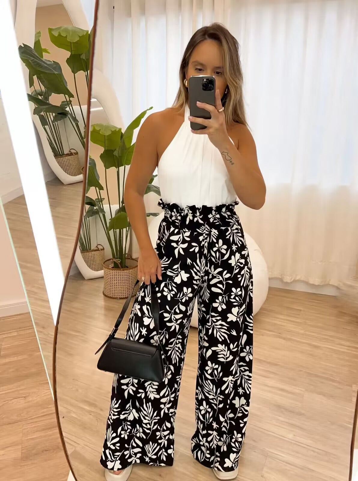 Printed Elastic Waist Loose Trousers