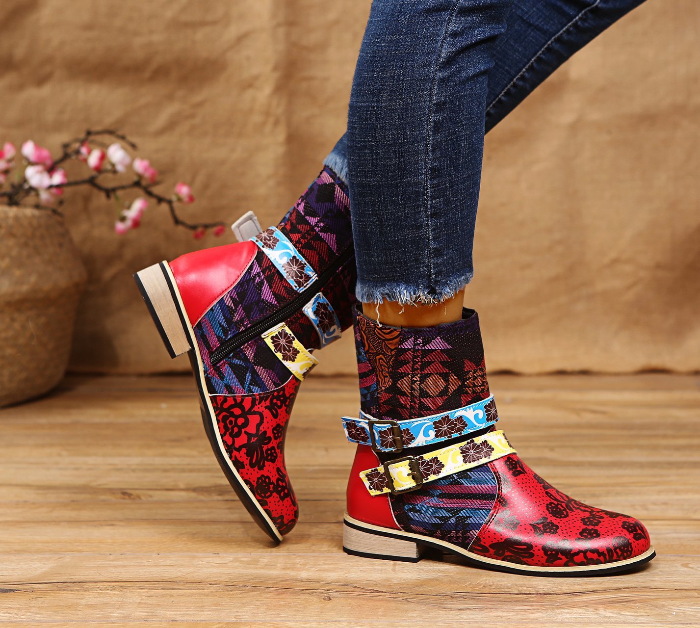 Ladies mid-tube print stitching Martin boots