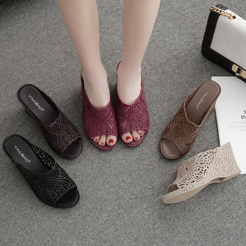 New Hollow High Heel Jelly Ladies Anti-Slip Plastic Wedge Sandals