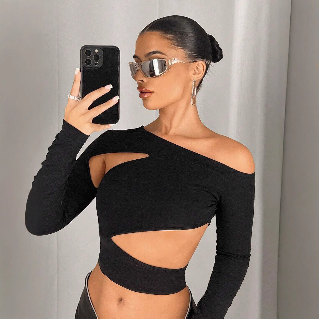 Ny Slim Fit Skrå Krave Stropløs Sexet Off-shoulder Navle T-shirt