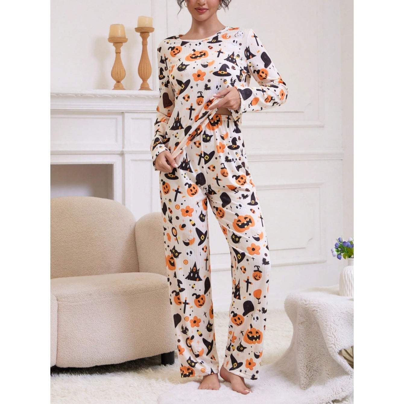Halloween Cartoon Printed Long-sleeved Trousers Two-piece Suit Homewear