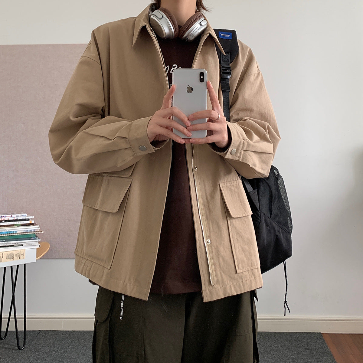 Enkel multi-lomme arbejdsjakke top i koreansk stil