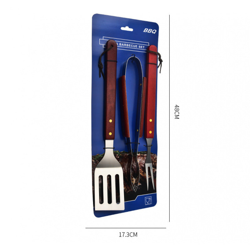 BBQ Tool Three-piece Set Stainless Steel Wooden Handle Shovel Fork Tongs