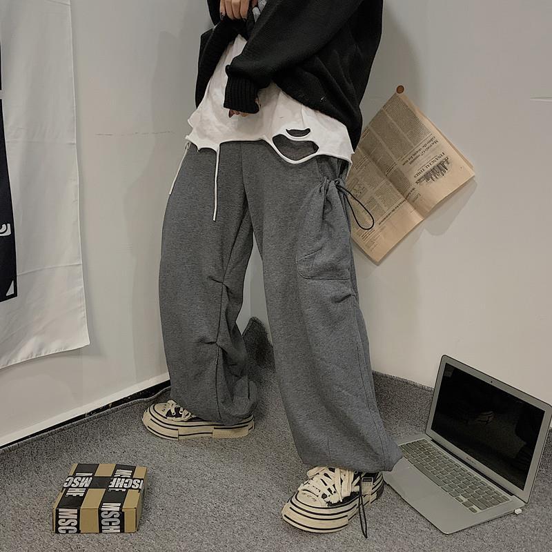 Retro Solid Color Overalls Large Loose Pockets Ankle-tied Sweatpants