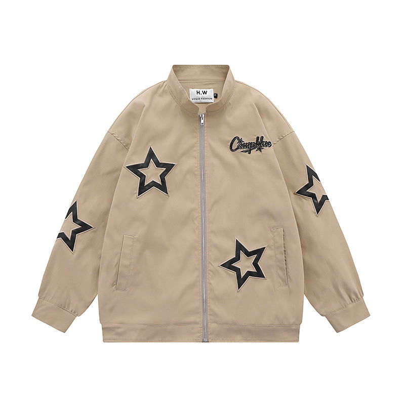 Men's Fashion Retro Star Embroidered Stand Collar Jacket