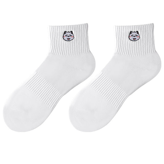 Men's Mid-calf Length Sock Embroidery Dogs And Cats Pure Color Cotton Sweat Absorption