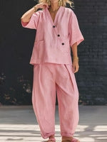 V-neck Loose-fit Short-sleeve Top And High-waist Trousers Two-piece Set