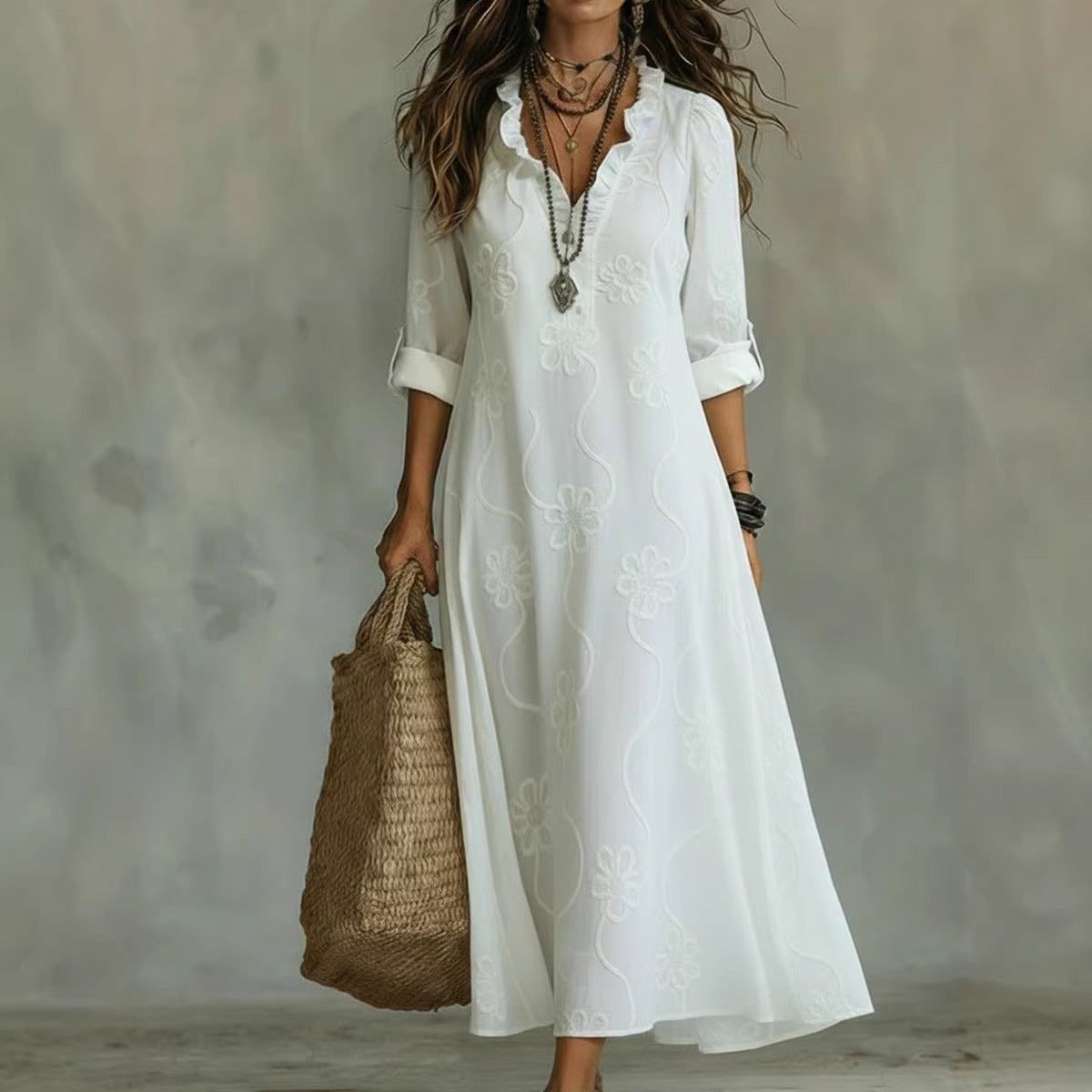 Fashionable Lace-Embroidered Cotton-Linen Long Dress