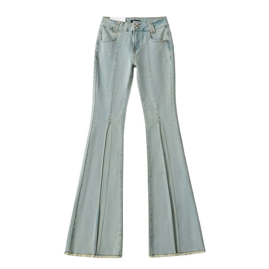Internetkendt Blogger Niche-design Lavtaljede Skinny Denim Vasket Flosset Kant Slanke Vide Ben Bukser