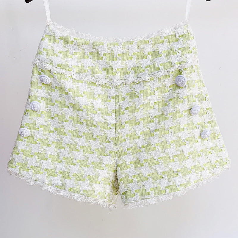 Women's Shiny Houndstooth Tweed Fringe Shorts