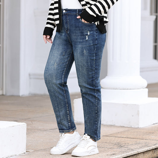 Oversize-jeans til kvinder løse elastiske til brede hofter og store lår slankende skinnybukser