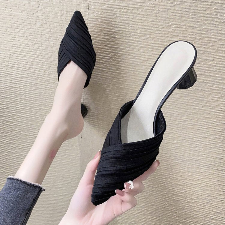 New Summer Women's Shoes Pointed Slippers Thick Heel
