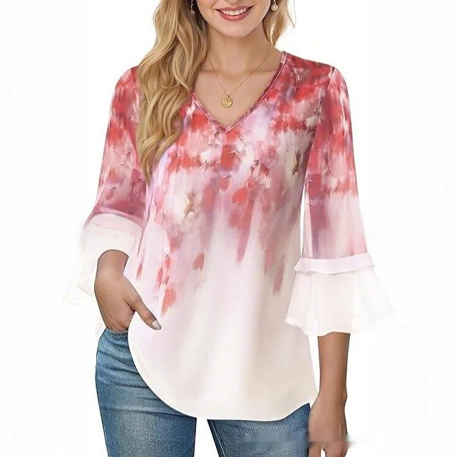Women's Fashion Casual Top Pleated 34 Sleeve V