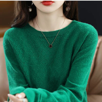 Pure Wool Sweater Women's Round Neck Pullover Loose