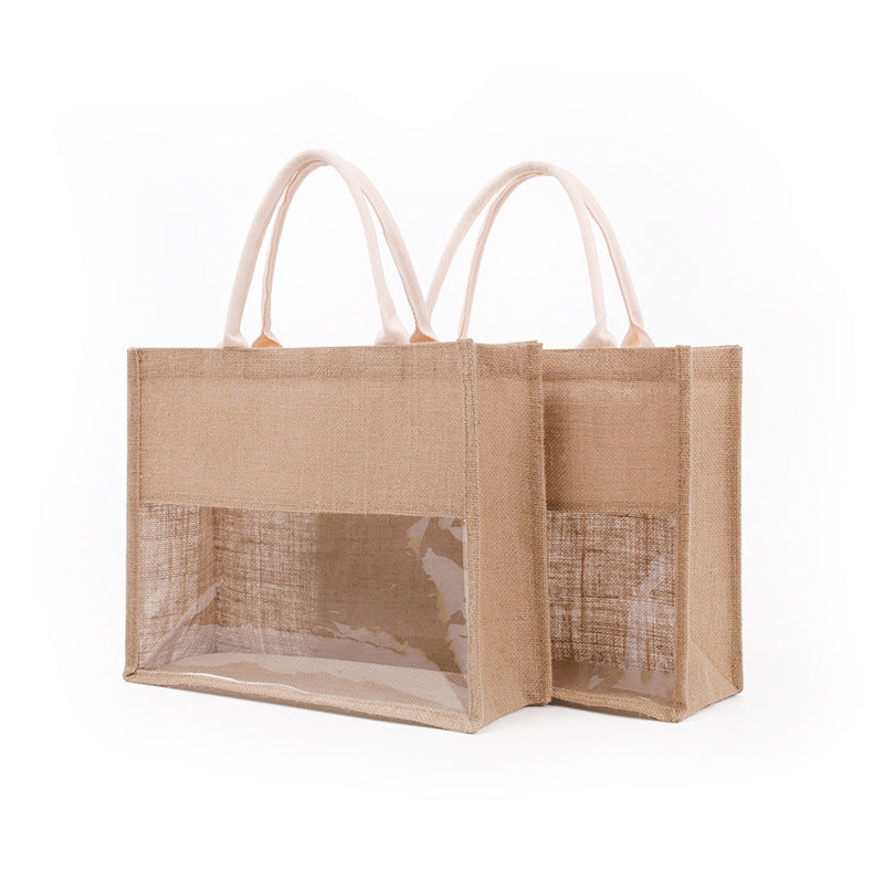 Transparent Film Splicing Visual Shopping Large Capacity Portable Burlap Bag