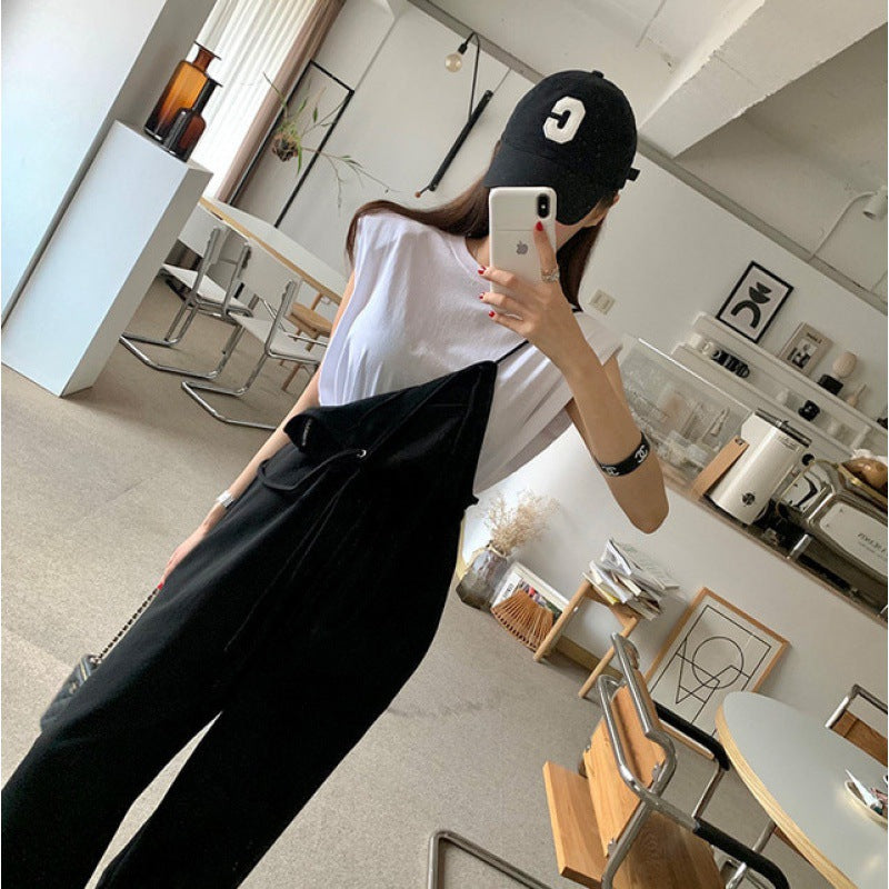 European And American Ladies Elegant Drawstring Waist Trimming Loose Wide Leg Pants Suspender Pants Simple Style