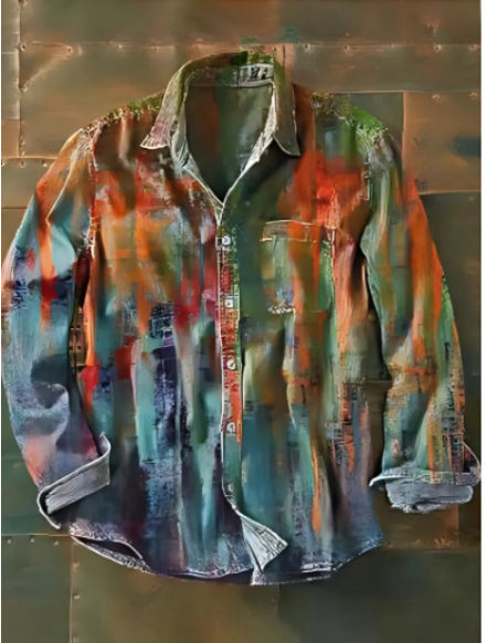 New Retro Vacation Style Color Matching Printing Stylish Men's Long Sleeve Button Top Shirt