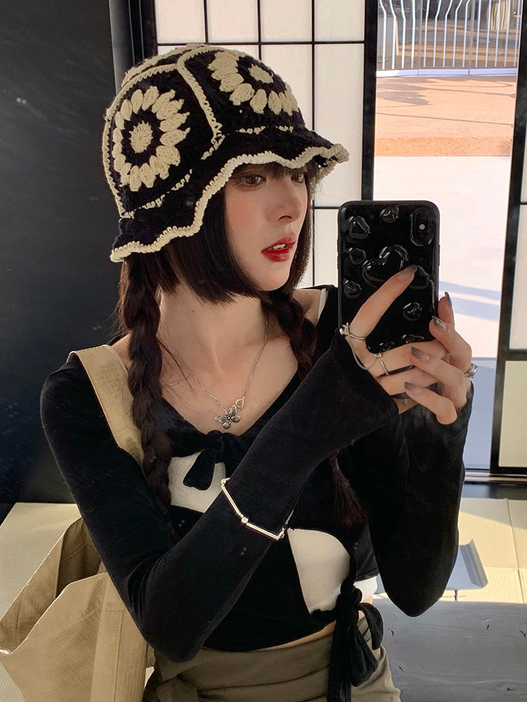 Vintage Knitted Fisherman Hat Woven Hollow Breathable Flowers