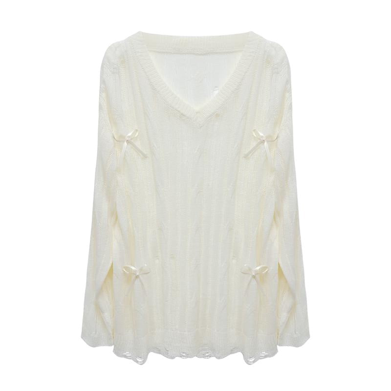 Irregular Hollow-out Blouse Bowknot Knitted Sweater