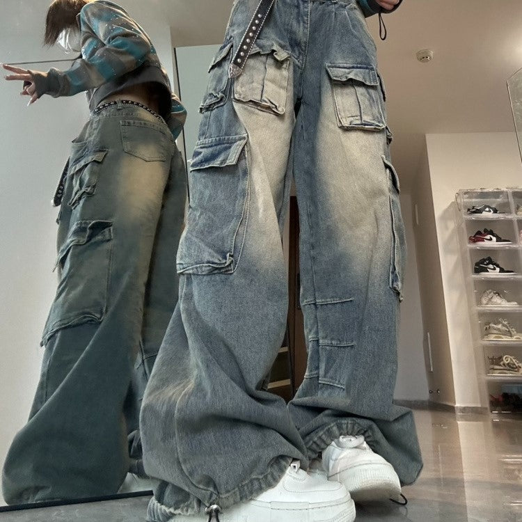 American Multi-pocket Workwear Jeans Women's Wide Leg Loose Washed Distressed Pants
