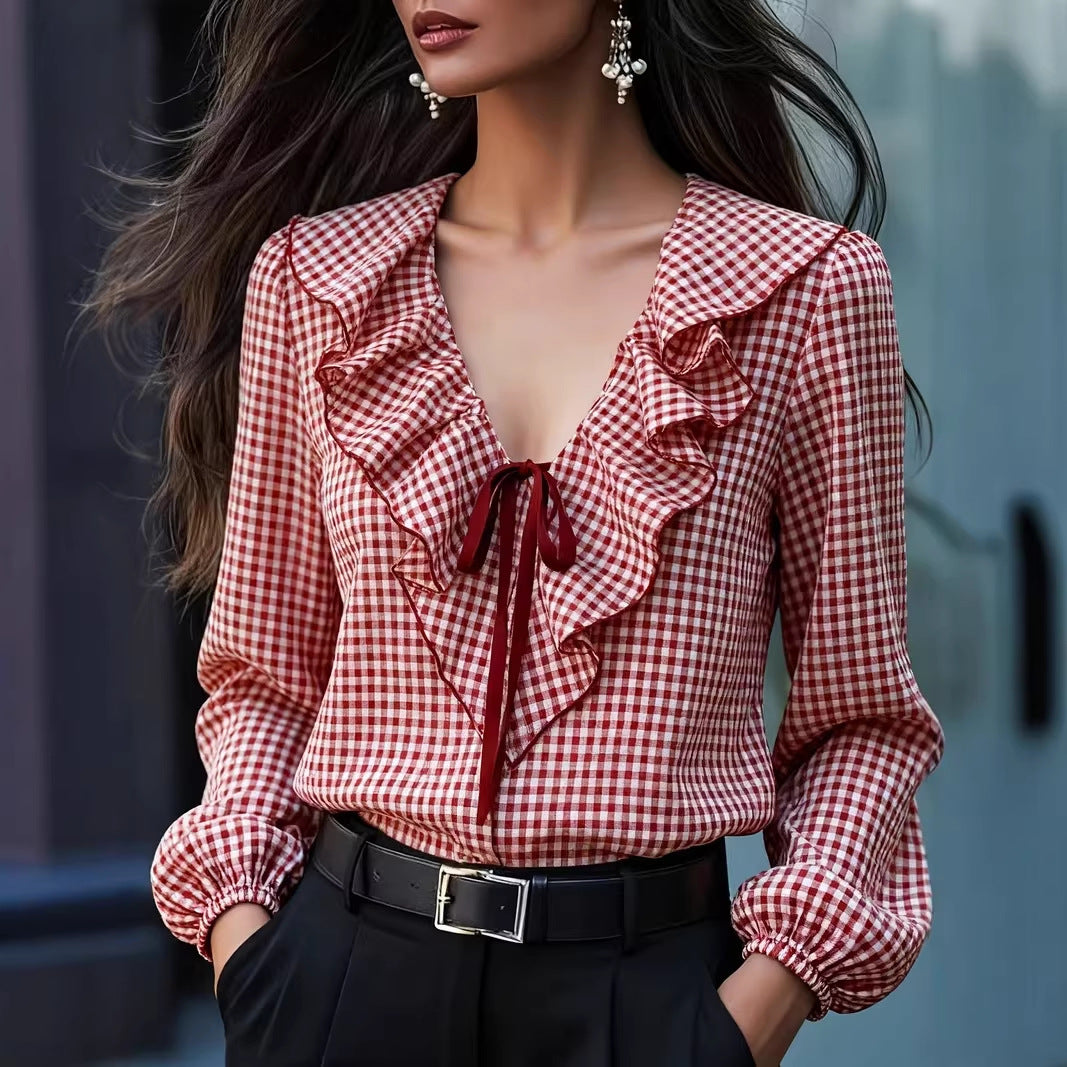 Womens Fashionable Casual Small-Plaid Layered Shirt
