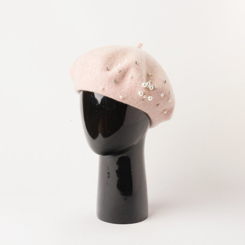 Fashion Casual Round Pearl Decorated Wool Bud Hat