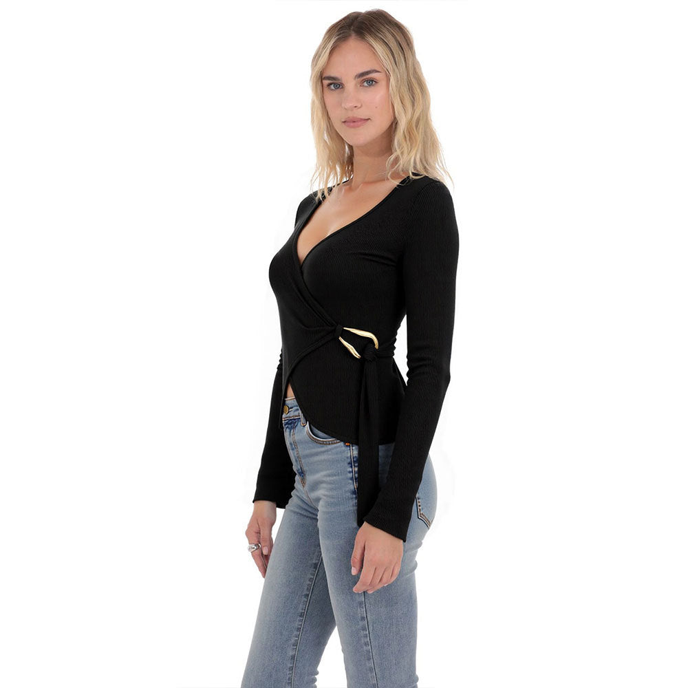 French Niche Design Women's Black V-neck Long-sleeved Waist-cinching Knit Top