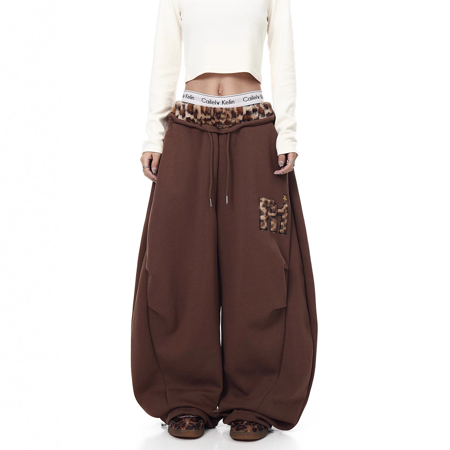 Womens Retro Embroidered Wide-Leg Sweatpants