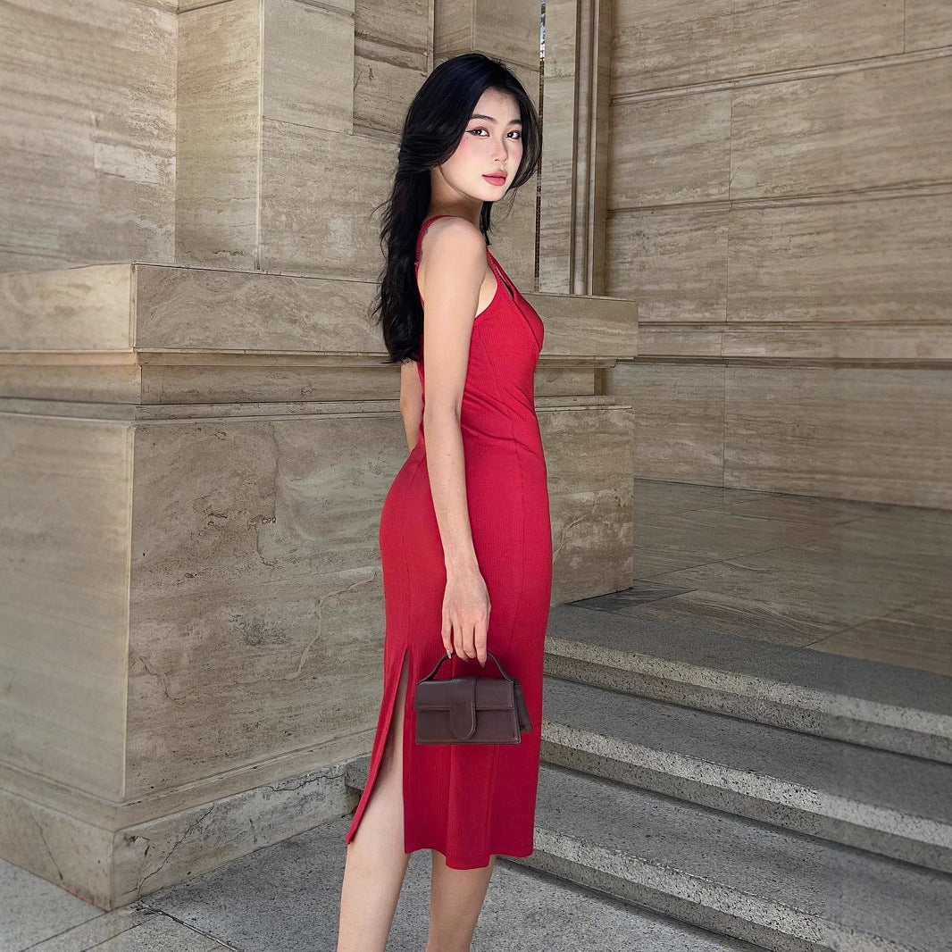 Womens French Elegant Retro Red Two  Piece Look 3D Floral Dress