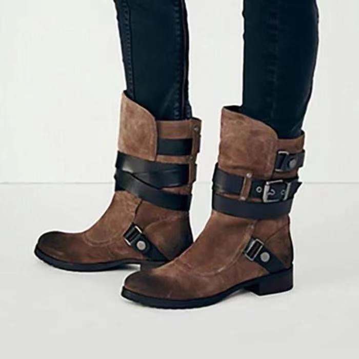 Vintage Men's Thick-heeled Suede Boots With Belt Buckle