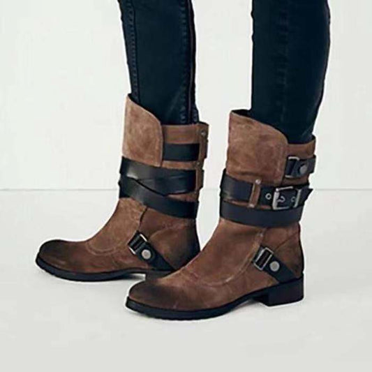 Vintage Men's Thick-heeled Suede Boots With Belt Buckle