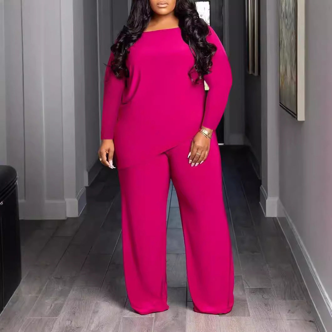 New Casual Plus-size Comfortable Solid Color Asymmetric Two-piece Set