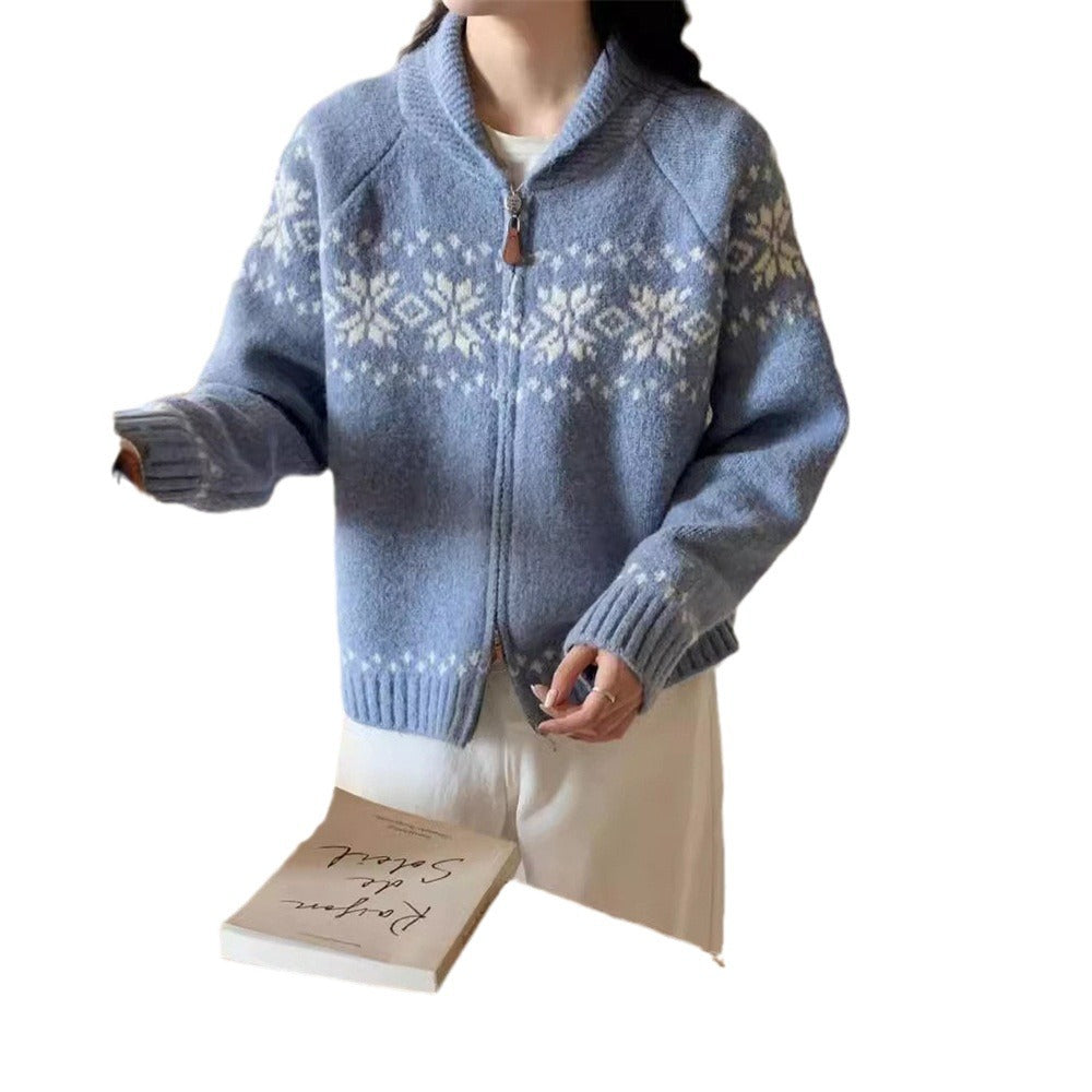 Retro Contrast Color Jacquard Weave Zip Sweater Women's Coat