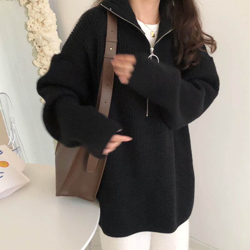 Løs fransk stil stor revers lynlås sweater til kvinder
