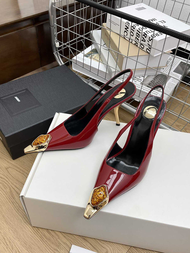 Gem Square Toe Stiletto Heel Hollow High Heel Shoes