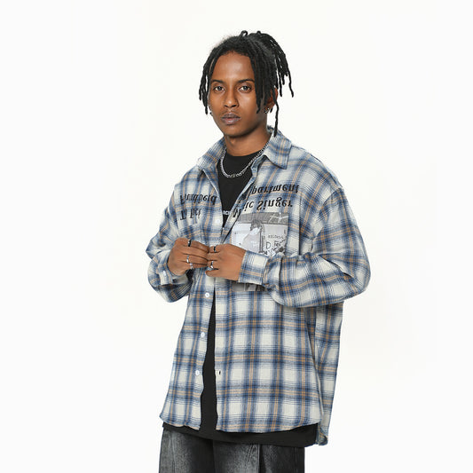 Character Letter Printed Long Sleeve Plaid Shirt Fashion Brand Stand Collar Plaid Shirt