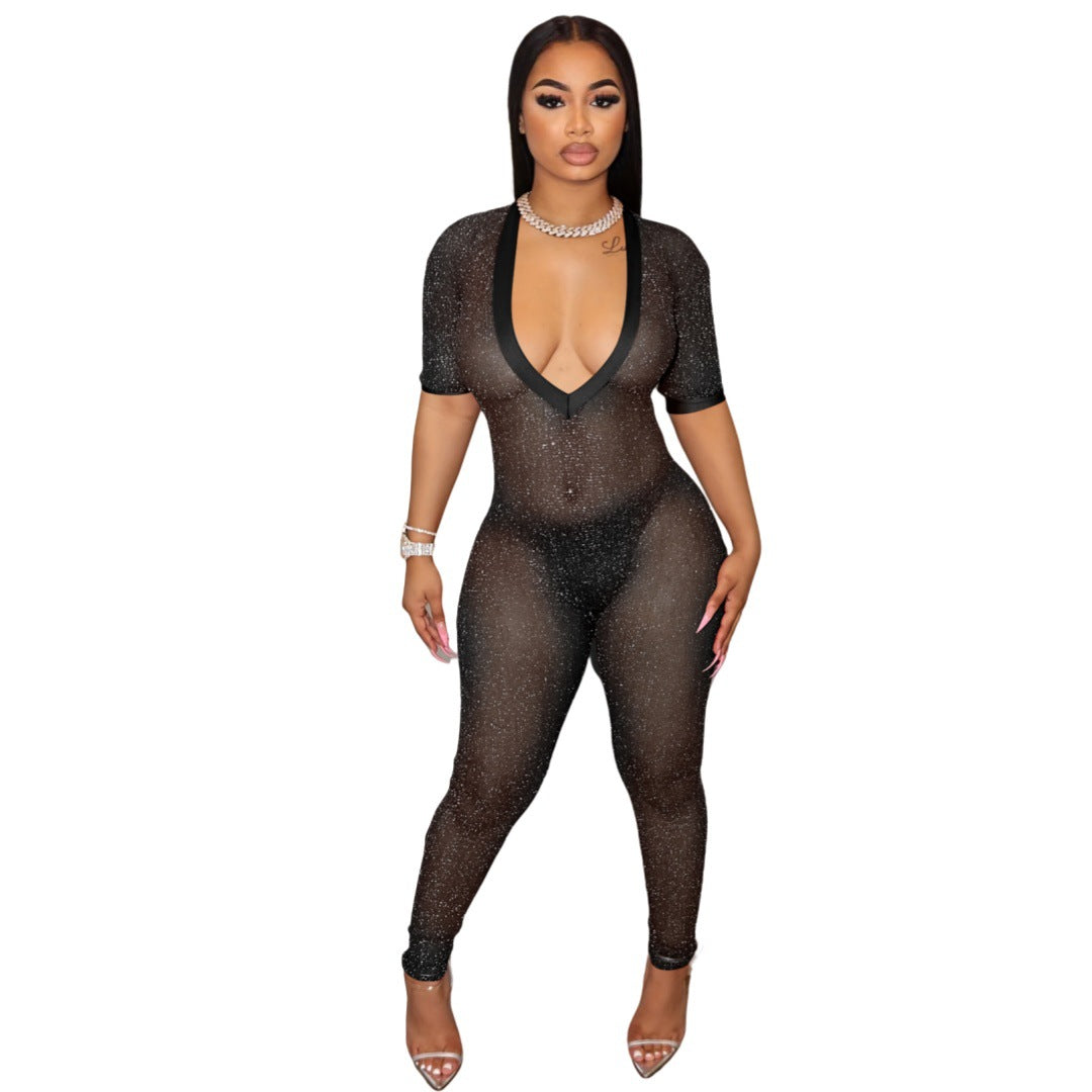 Moderigtig Semi-transparent Jumpsuit med Bred V-hals