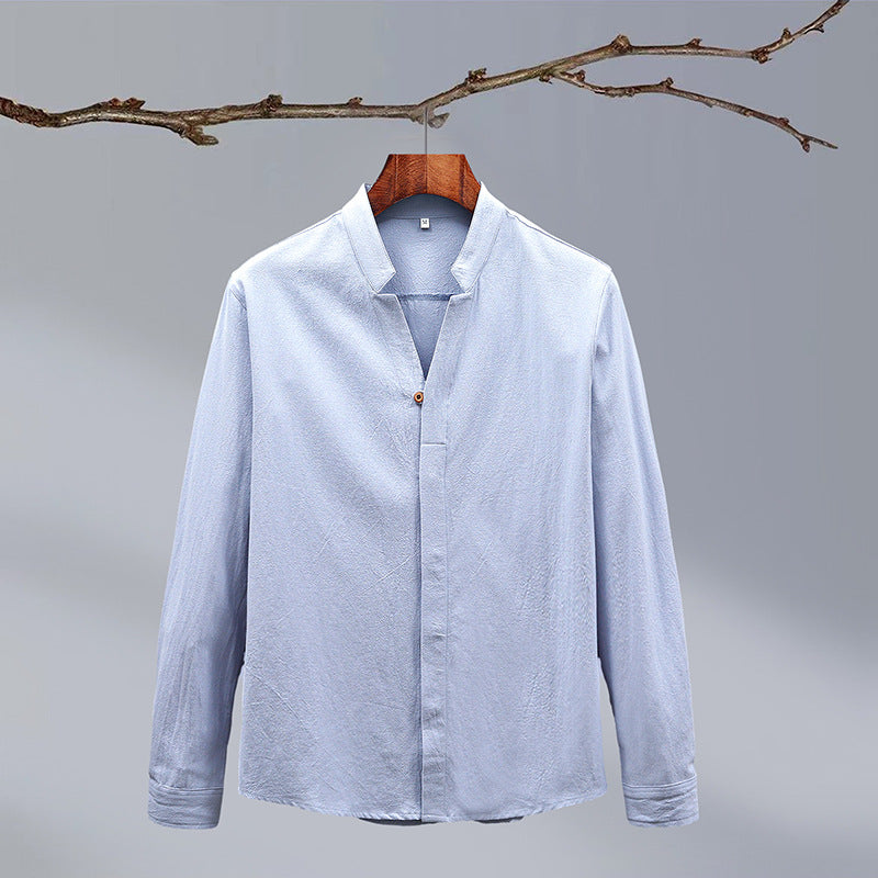 Cotton And Linen Crepe Solid Color Chinese Style Men's Long-sleeved Shirt