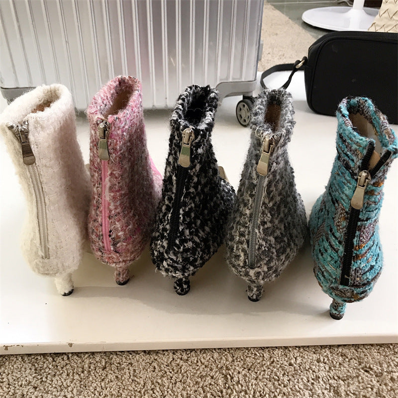 Fashion Wind Felt Material Pointy Color Combination Small Fragrance Wind Ankle Boots Female